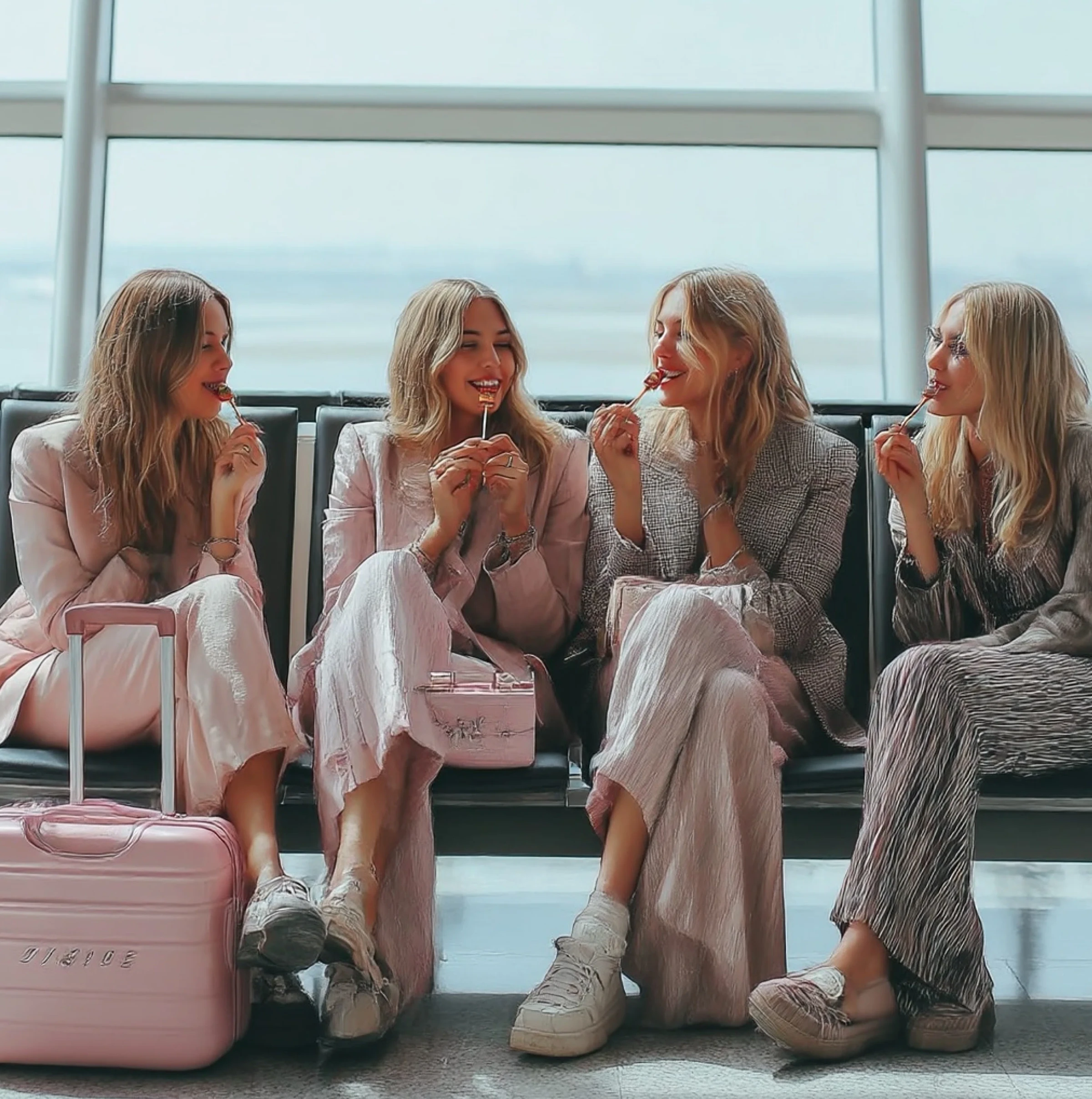 Friends waiting at an airport gate with lollipops