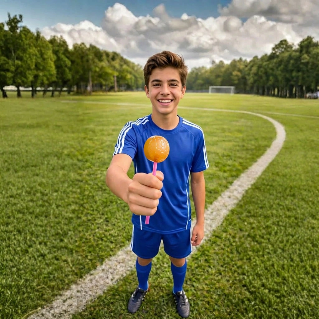 A soccer player holding up a lollipop on the field