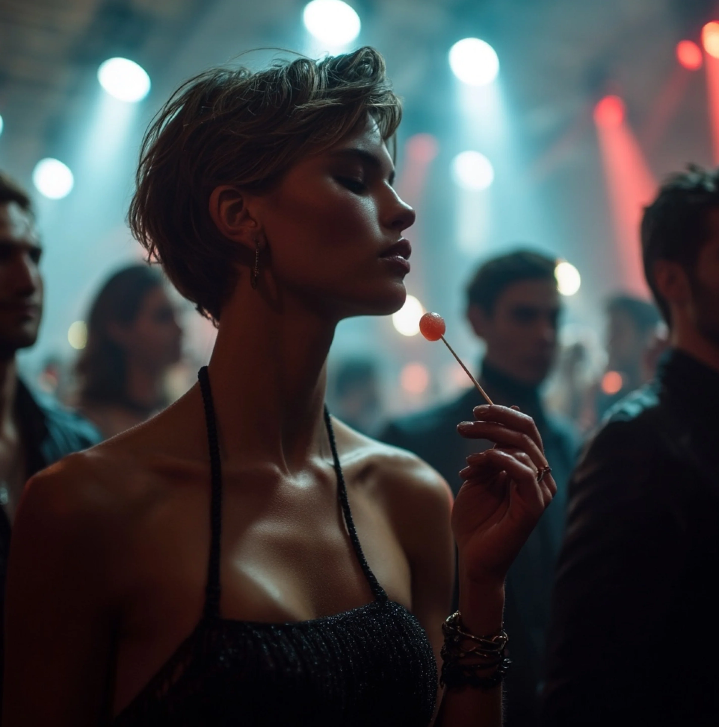 A dancer under stage lights with a lollipop