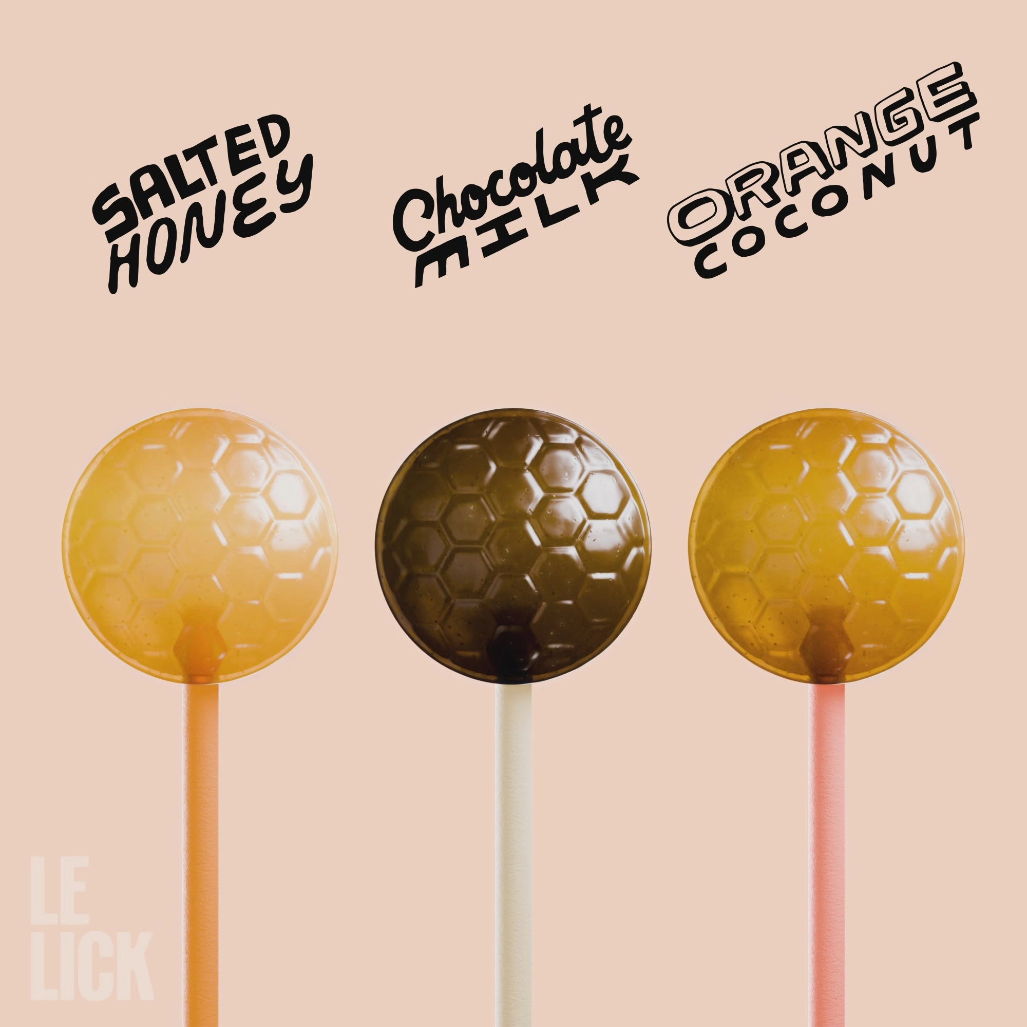 Creamy trio: Salted Honey, Chocolate Milk and Orange Coconut lollipops