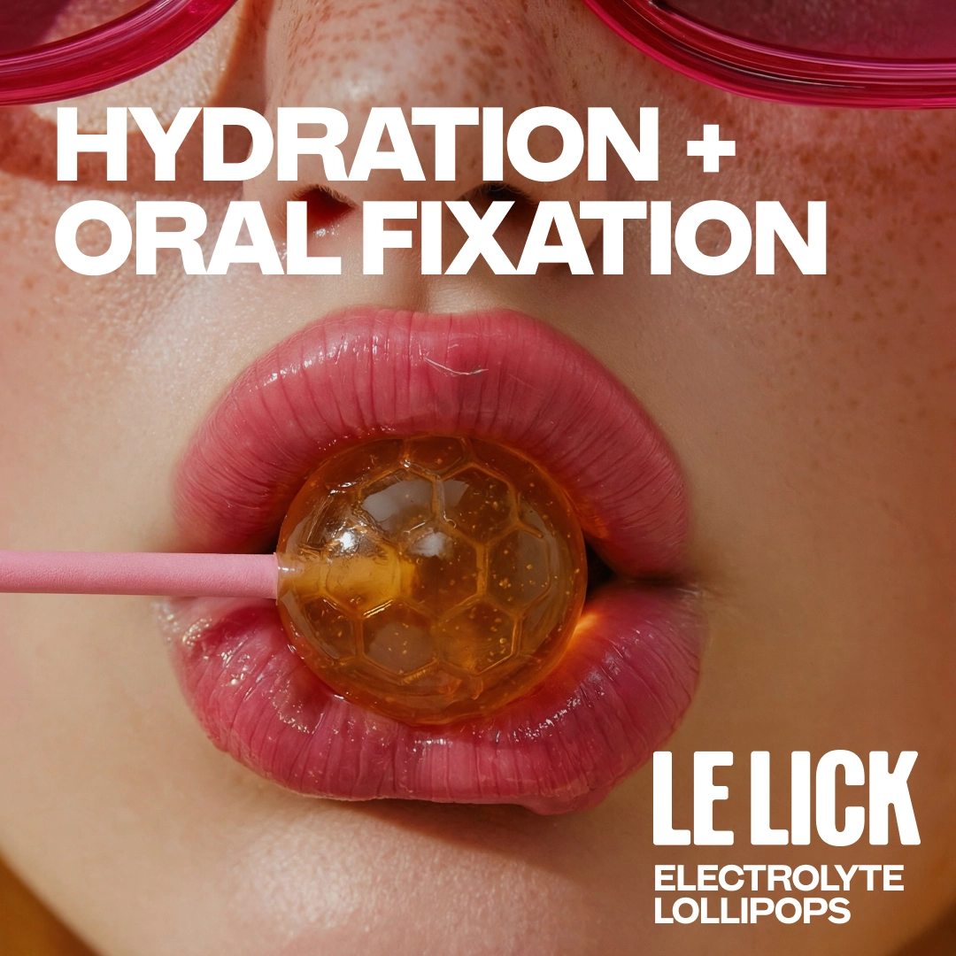 Lips holding a honey lollipop, with the words hydration plus oral fixation